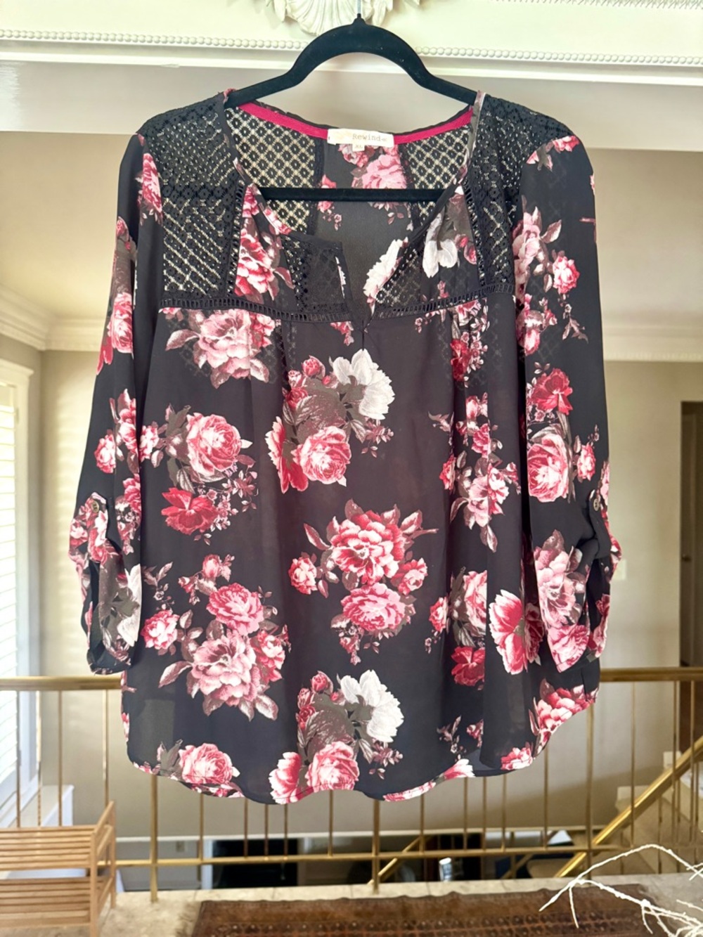 Rewind Floral Crochet Yoke Blouse - Black, Pink, Cream
